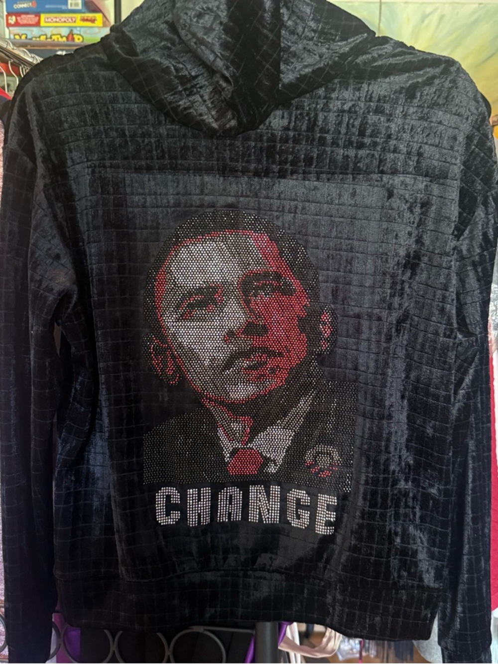 Black Rhinestone Graphic Hoodie - President Obama 'Change' Design
